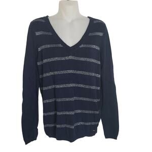 Tommy Hilfiger Women's Sweater Small Navy Blue Silver Stripe V Neck Wool Blend